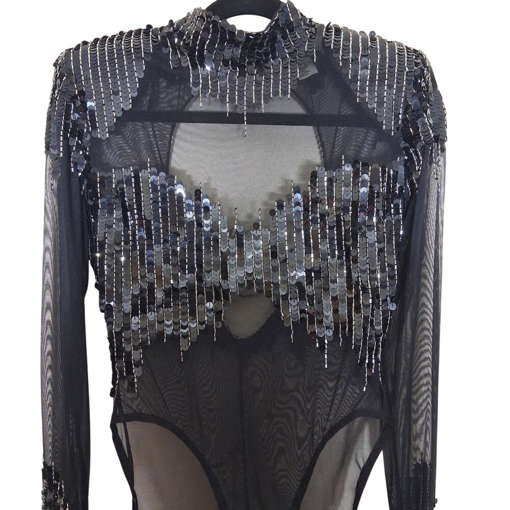 Casadei Black Sheer Sequin Long-Sleeve Bodysuit Women's Size M